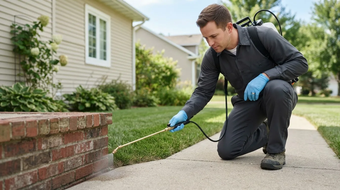 Pest control technician treating a home near Post, TX